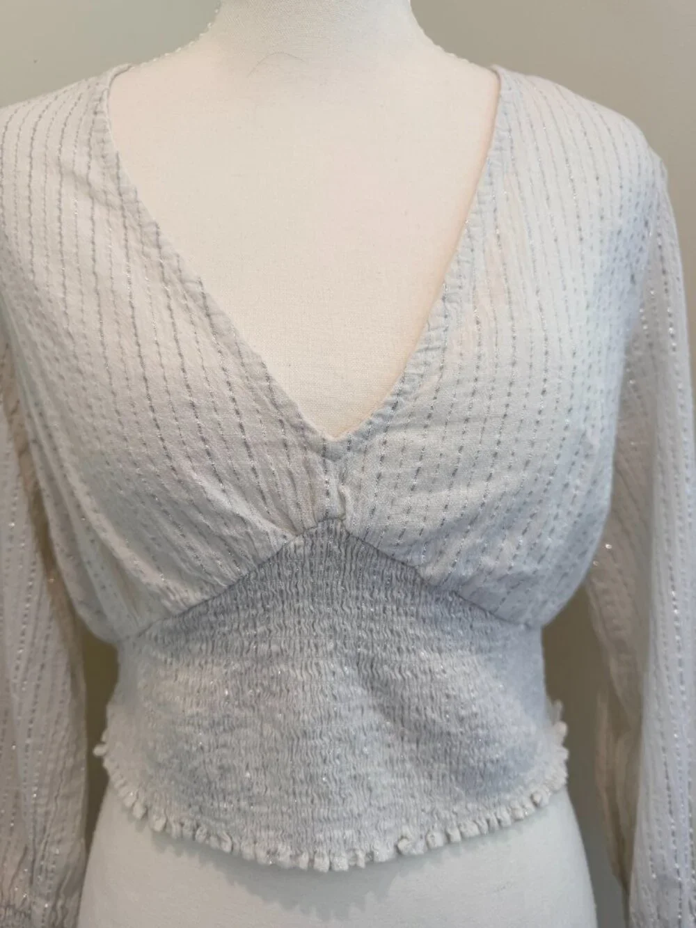 Boden White and Silver Lurex Smocked Crop Top in Size 8